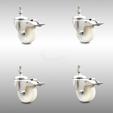 Service Caster 3 Inch 316SS Nylon Wheel Swivel 3/8 Inch Threaded Stem Caster Set Lock Brake SCC SCC-SS316TSTTL20S314-NYS-381615-4